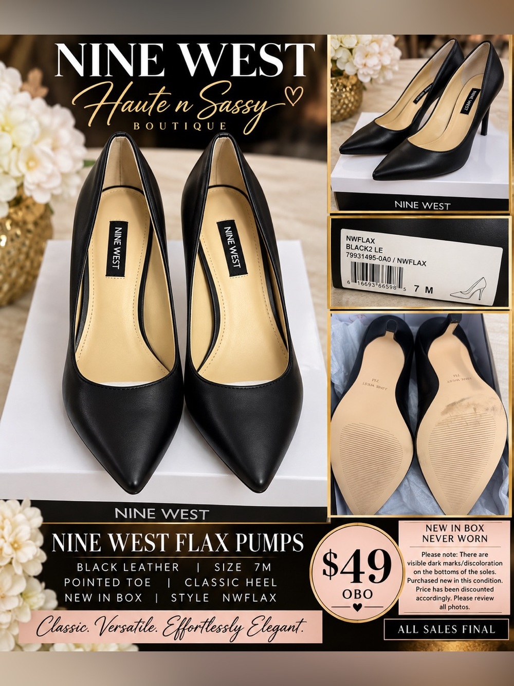 Nine West FLAX Black Leather Pumps Size 7M NIB